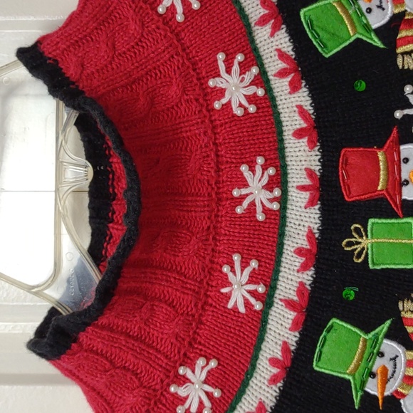 Dressbarn LS Red Cable Knit Mockneck Snowmen Snowflakes Embellished Sweater - Picture 5 of 16